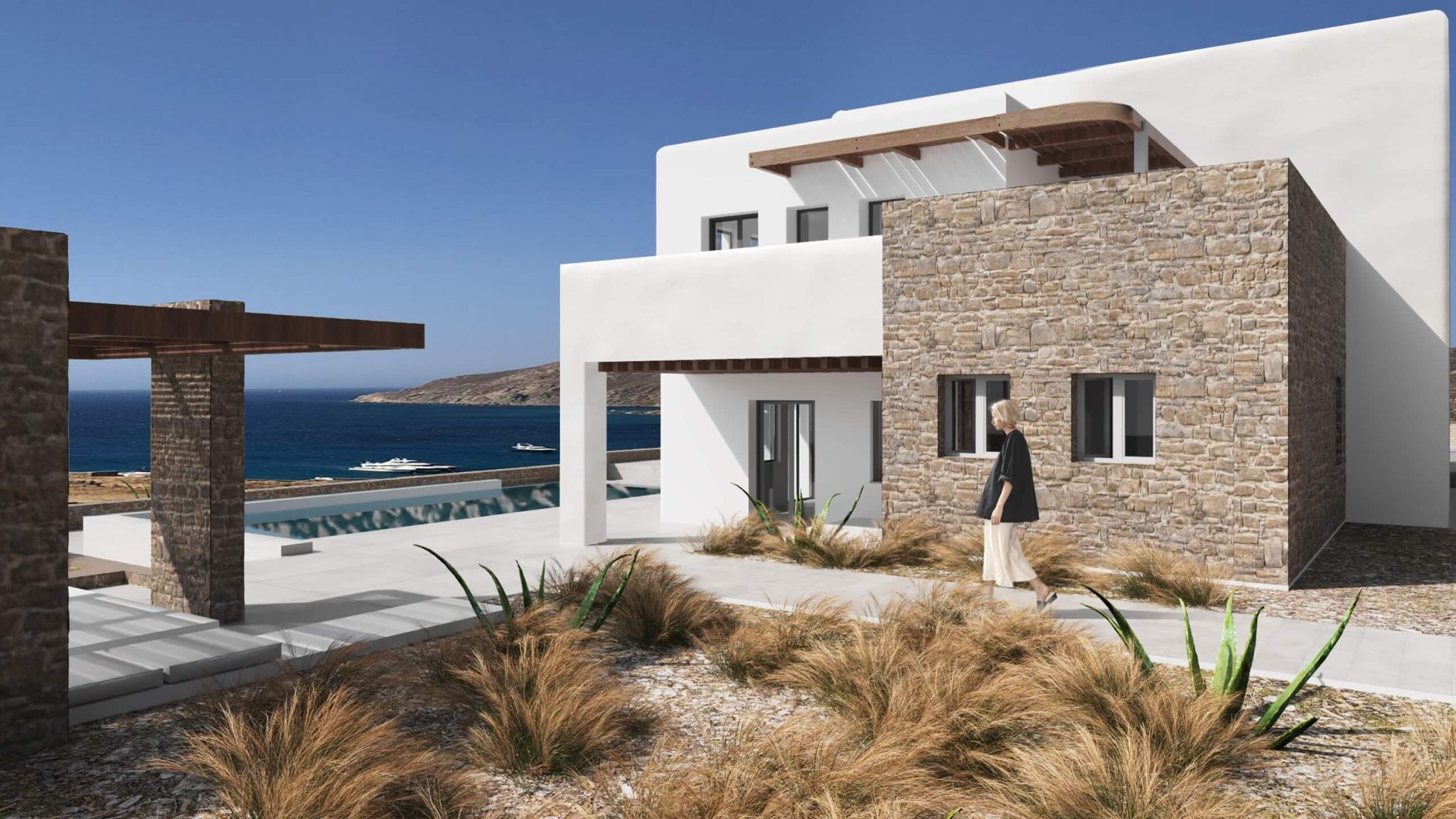 Visualisation of the Leimax villas above Kalo Livadi bay, Mykonos